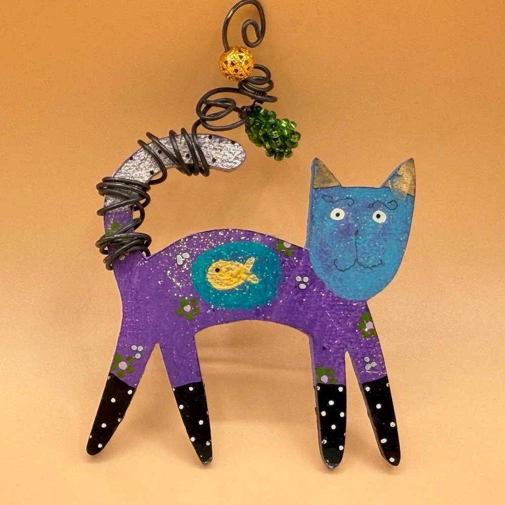Whimsical Purple Blue Cat Brooch Pin Painted Wood Fish Wire Tail Folk Art Gift